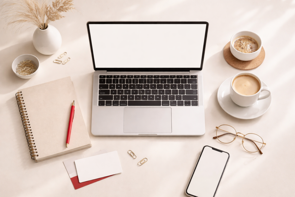 Minimalist flat lay workspace featuring an open laptop centered on a soft beige surface, surrounded by a neutral-toned notebook with a red pen, a cup of coffee on a saucer, a smartphone, eyeglasses, and small gold office accessories. The scene is softly lit with natural light, creating a calm, clean, and organized aesthetic with subtle red accents for branding.