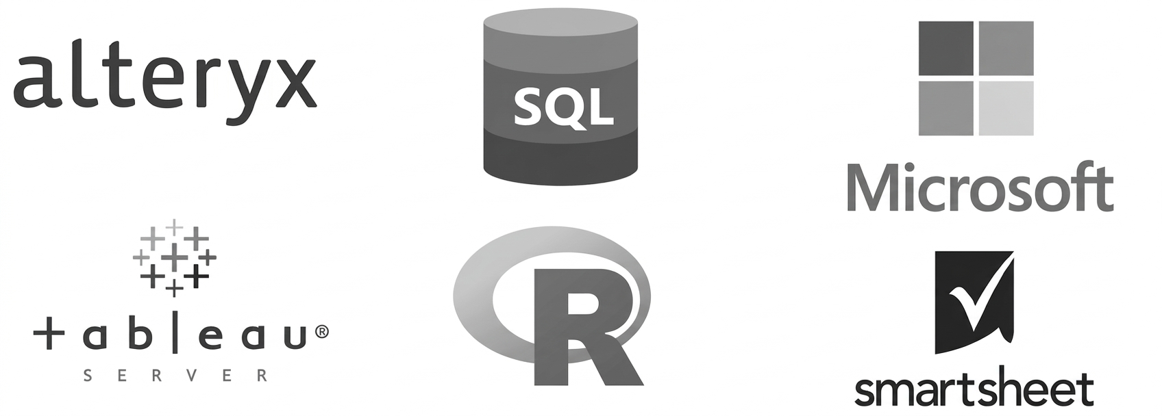 A grayscale collage of six technology logos arranged in a 3x2 grid on a white background. From top-left to bottom-right: the wordmark "alteryx" in lowercase, a cylindrical stack icon with the letters "SQL" in the center, a four-square Microsoft logo above the "Microsoft" wordmark, the symbol of interconnected colored dashes above the "tableau" wordmark with the word "SERVER" and a registration mark, a stylized "R" within a larger grey circle, and a shield icon with a checkmark inside it above the "smartsheet" wordmark.

Strategic Data Visualization Dashboard using Tableau and SQL

Automated data workflow reducing processing time by 30%